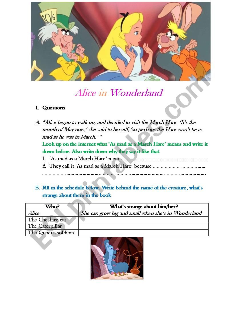 Alice in Wonderland (novel) worksheet