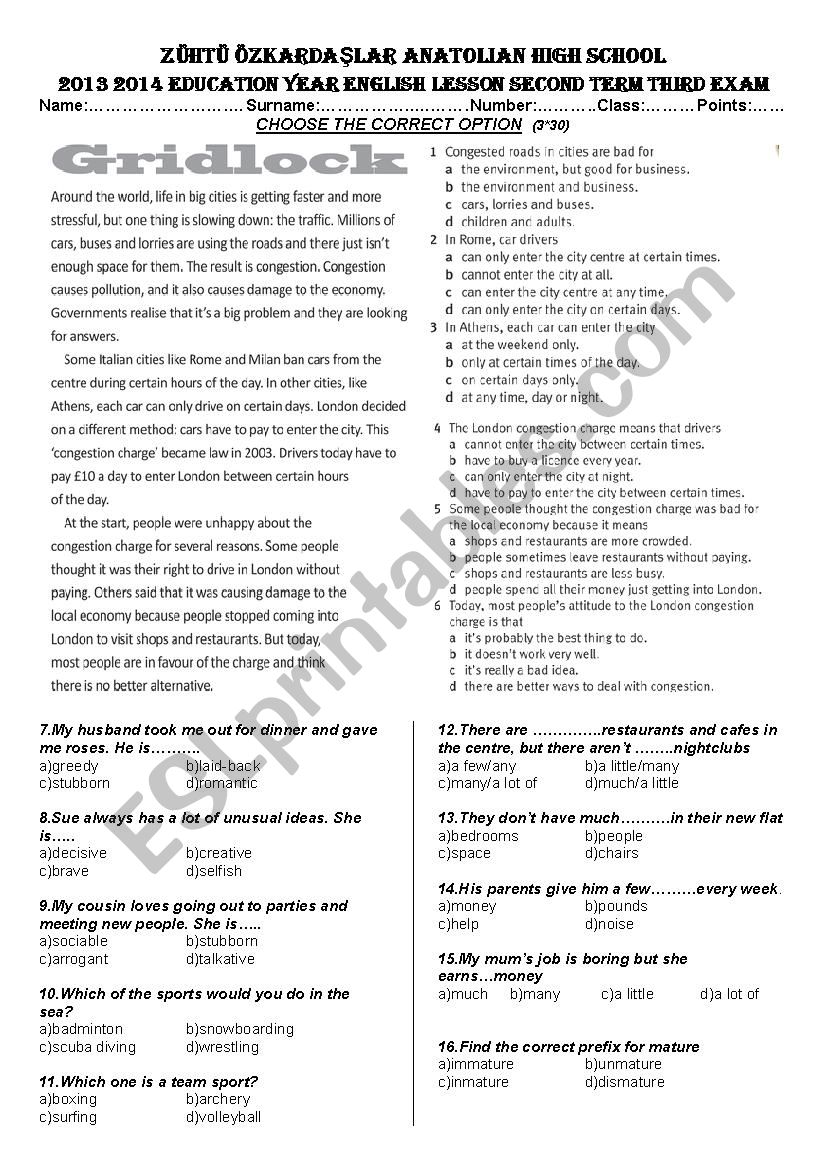 multiple choice(30 questions) worksheet