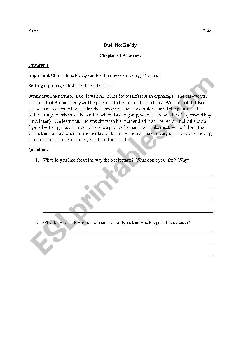 Bud, not Buddy Chapter Summaries 1-4