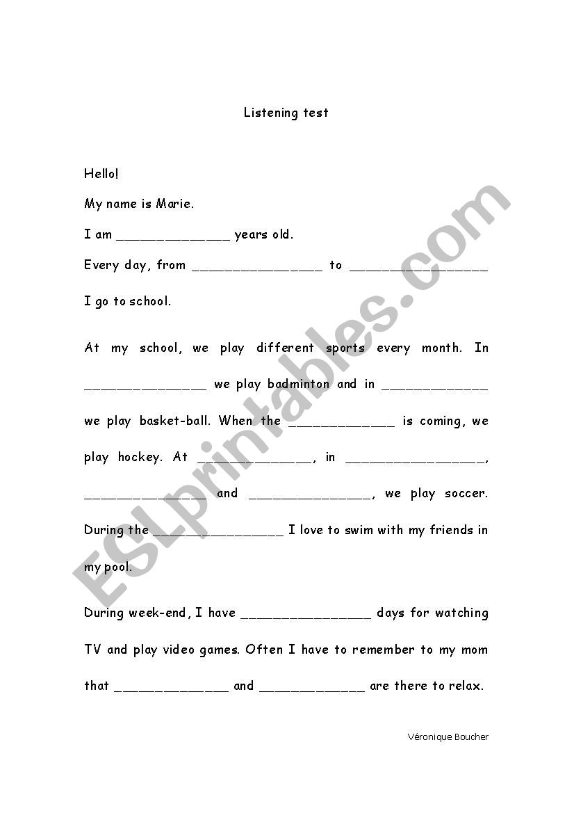 Listening test worksheet