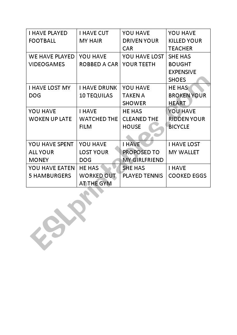 Present Perfect Charades Slips