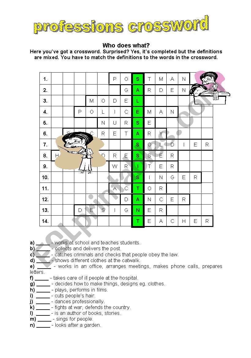professions crossword worksheet