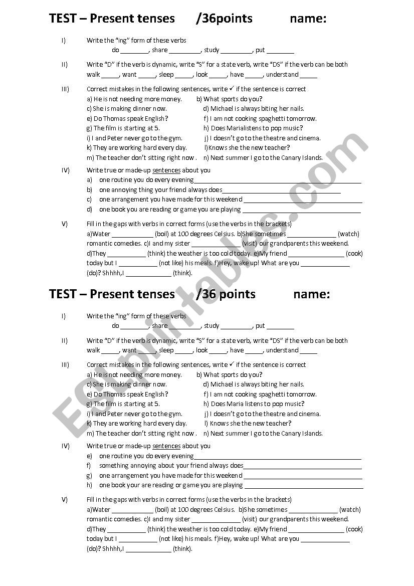 Present Tenses Test worksheet