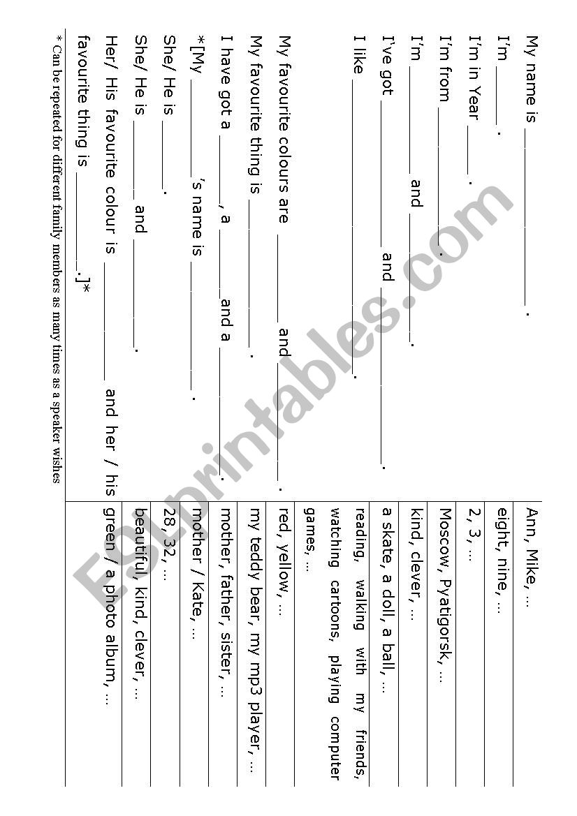 about myself worksheet
