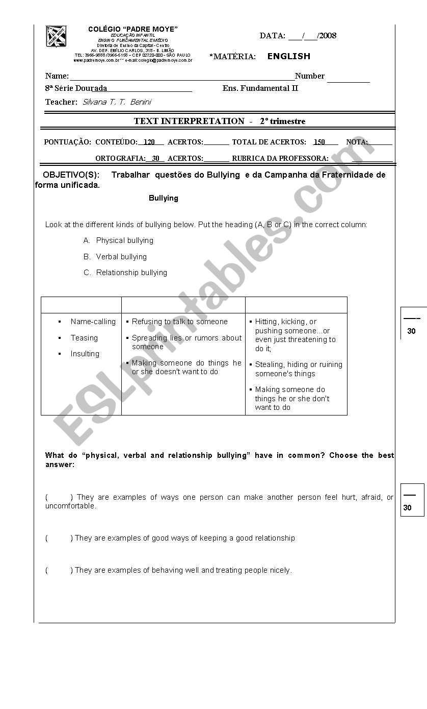 Bullying worksheet