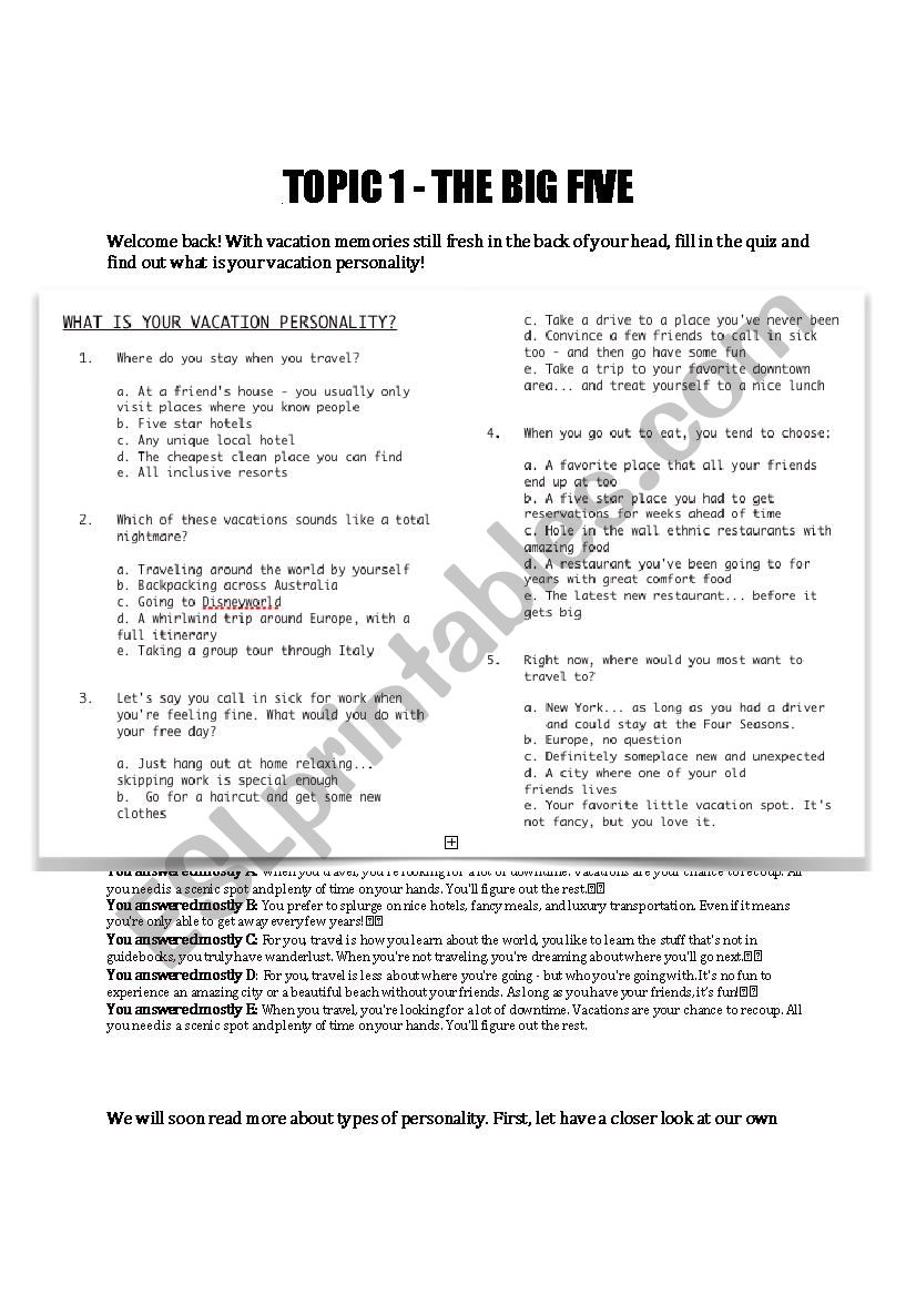 PERSONALITY  worksheet