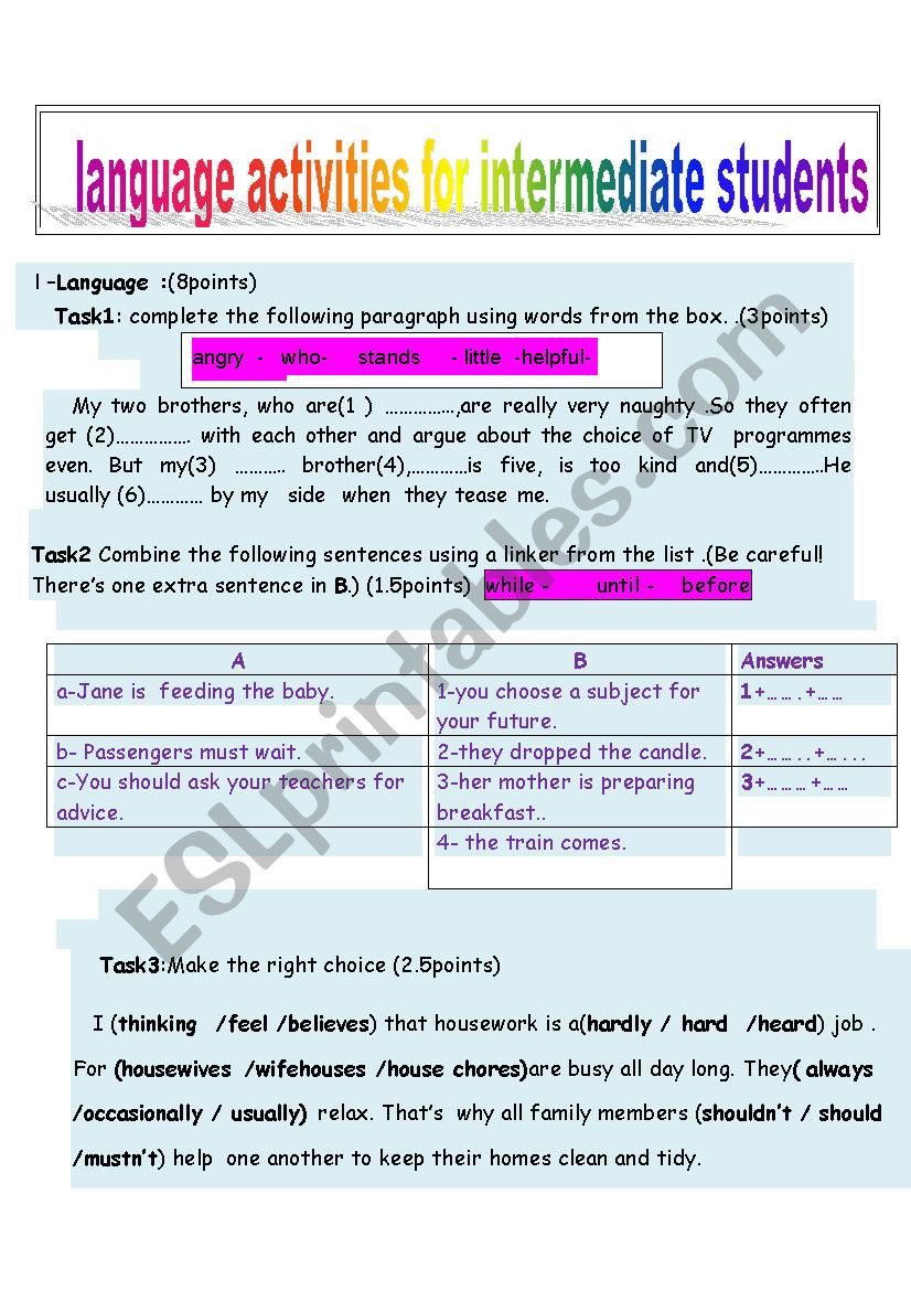 language exercises for intermediate  students