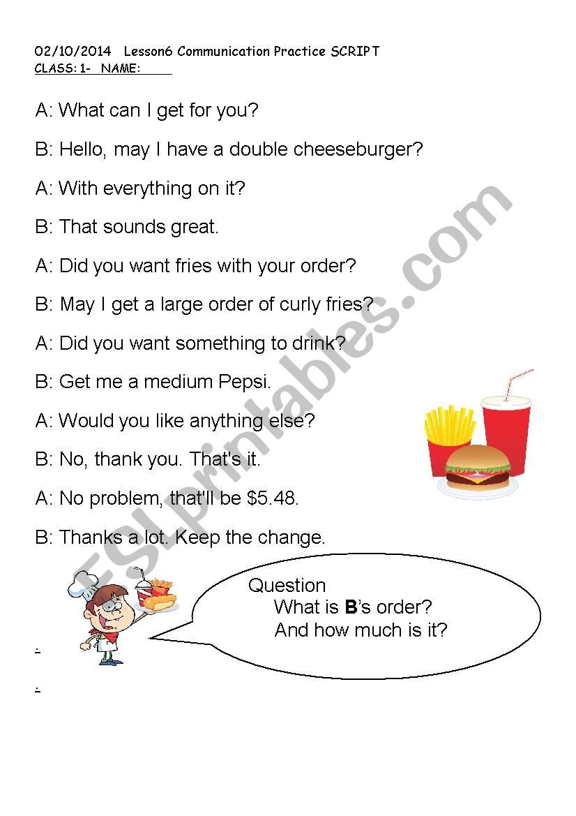Fastfood worksheet