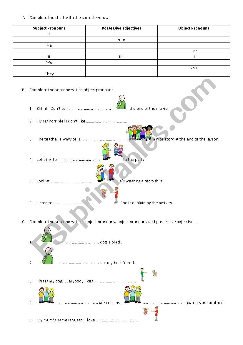 Subject pronouns, object pronouns and possessive adjectives