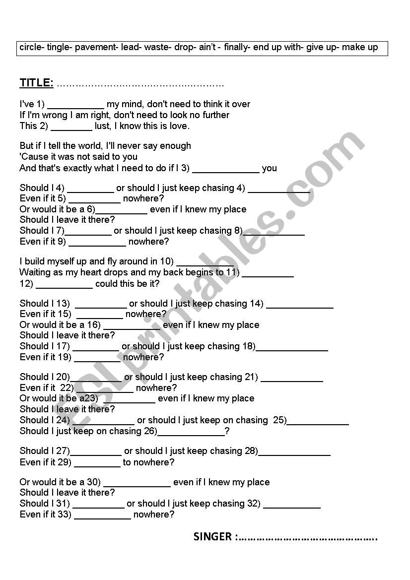 adele chasing pavements worksheet