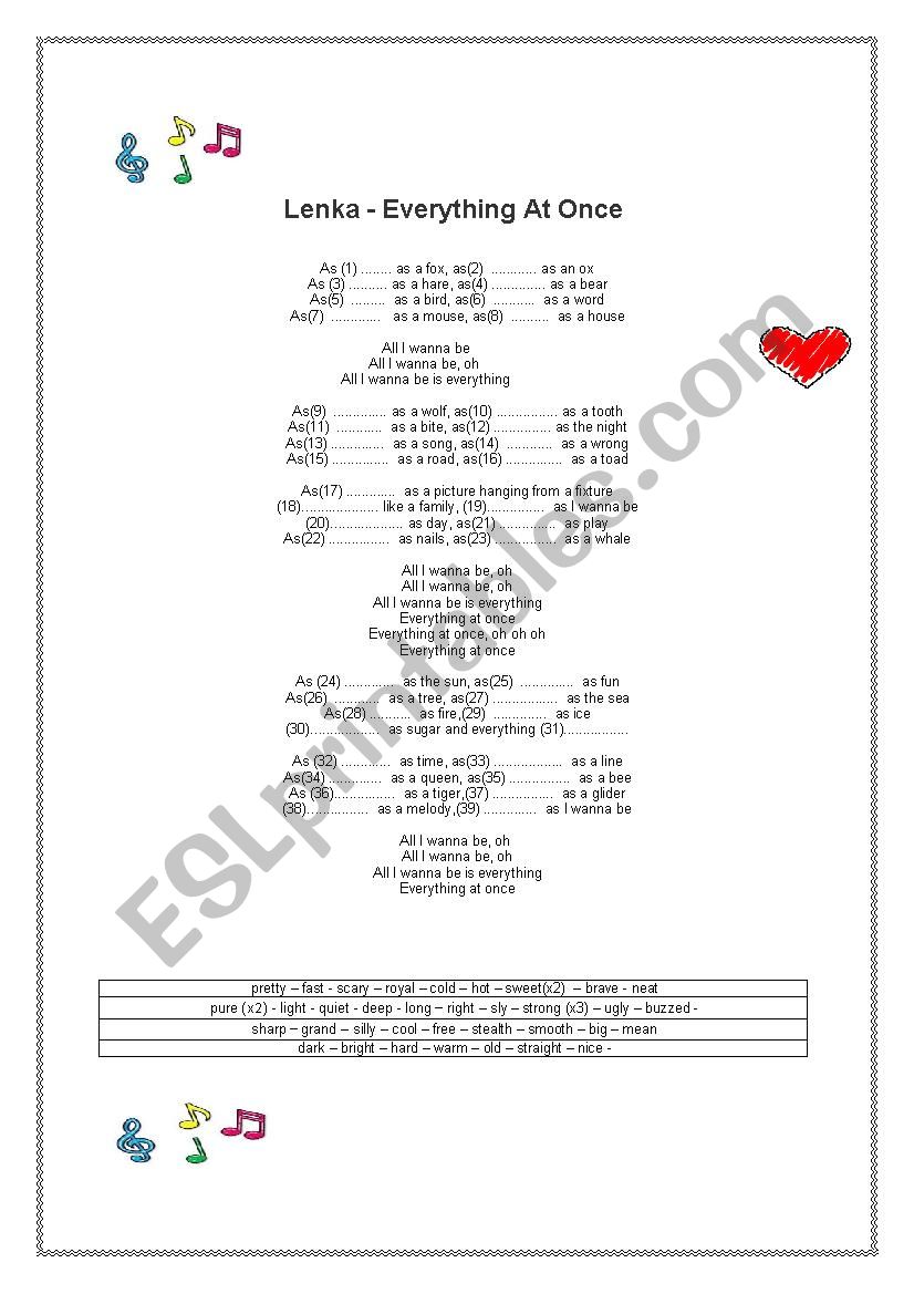 lenka-everything at once worksheet