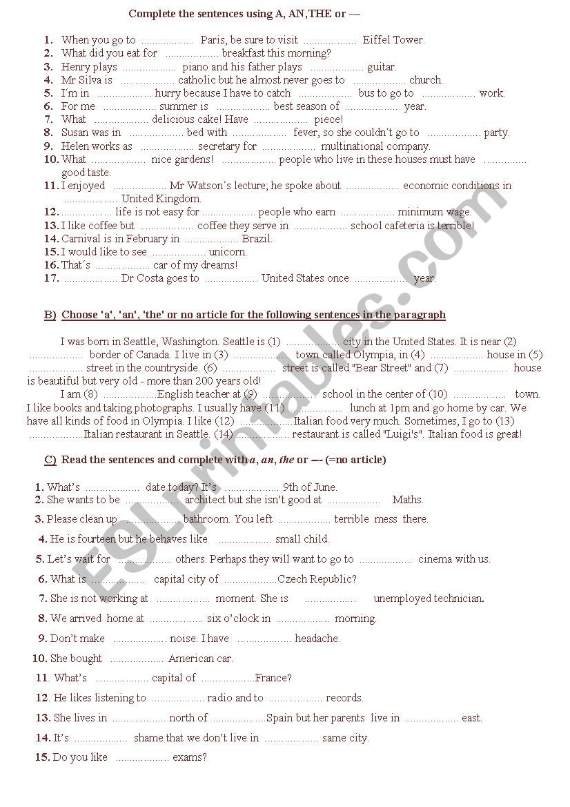 articles worksheet