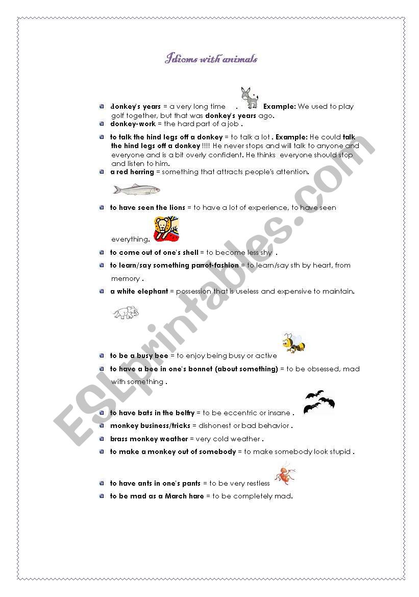 Idioms with animals worksheet