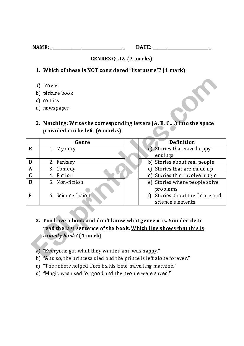 Genres Quiz  worksheet