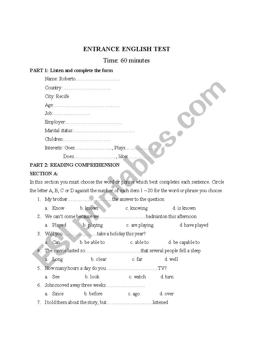 ENGLISH ENTRACE TEST worksheet