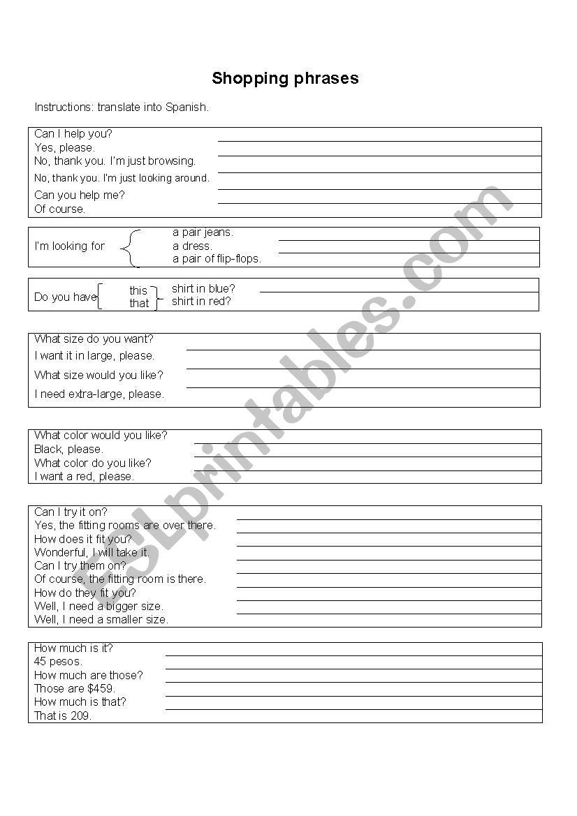 Shopping Phrases worksheet
