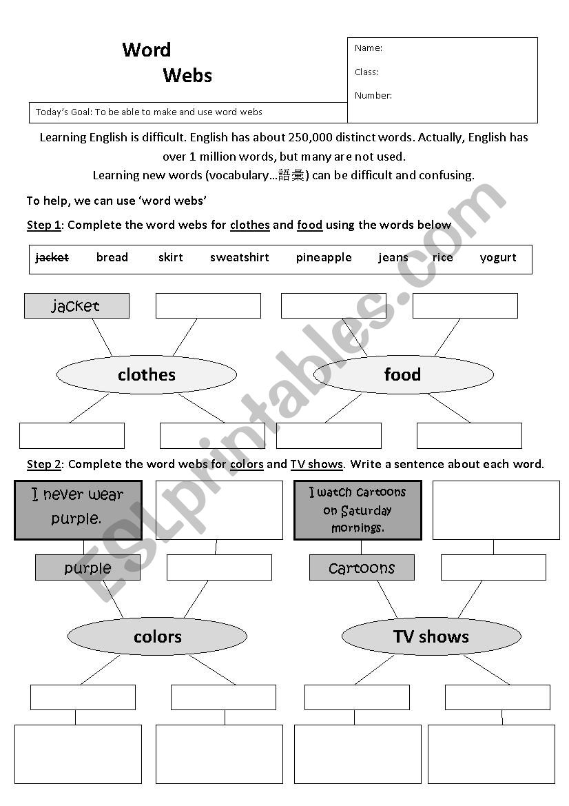 Word Webs worksheet