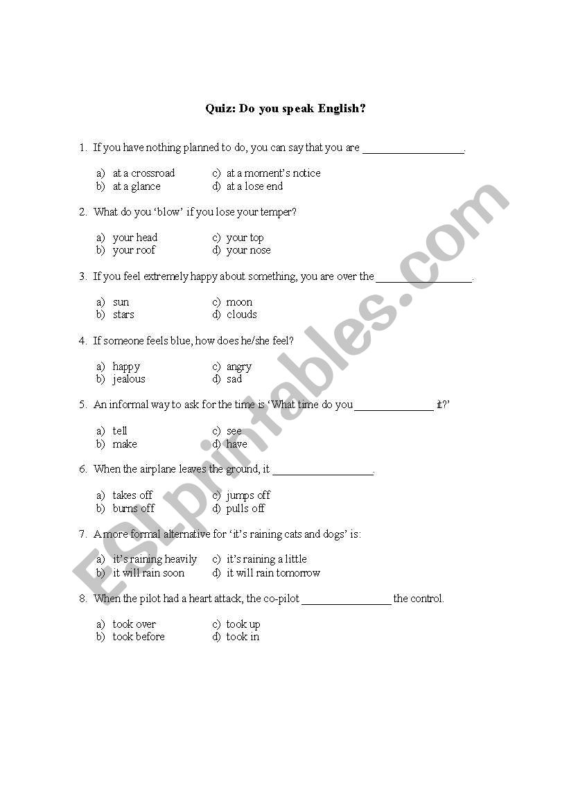 Idioms and Phrasal verbs quiz worksheet