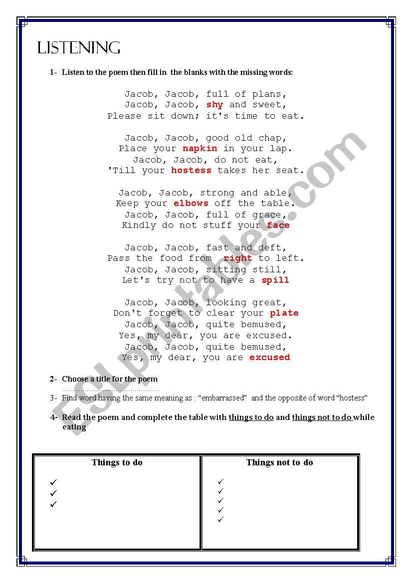 Table Manners worksheet