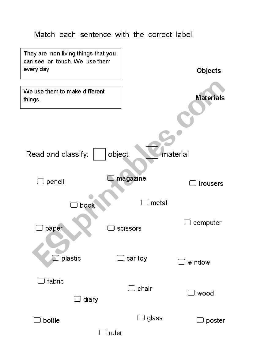 Objects and materials worksheet