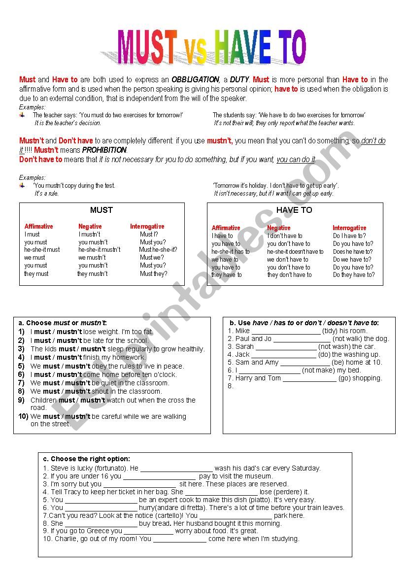 Must Vs Have To Esl Worksheet By Sarasimo97