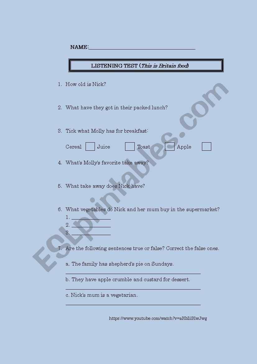 LISTENING TEST FOOD worksheet