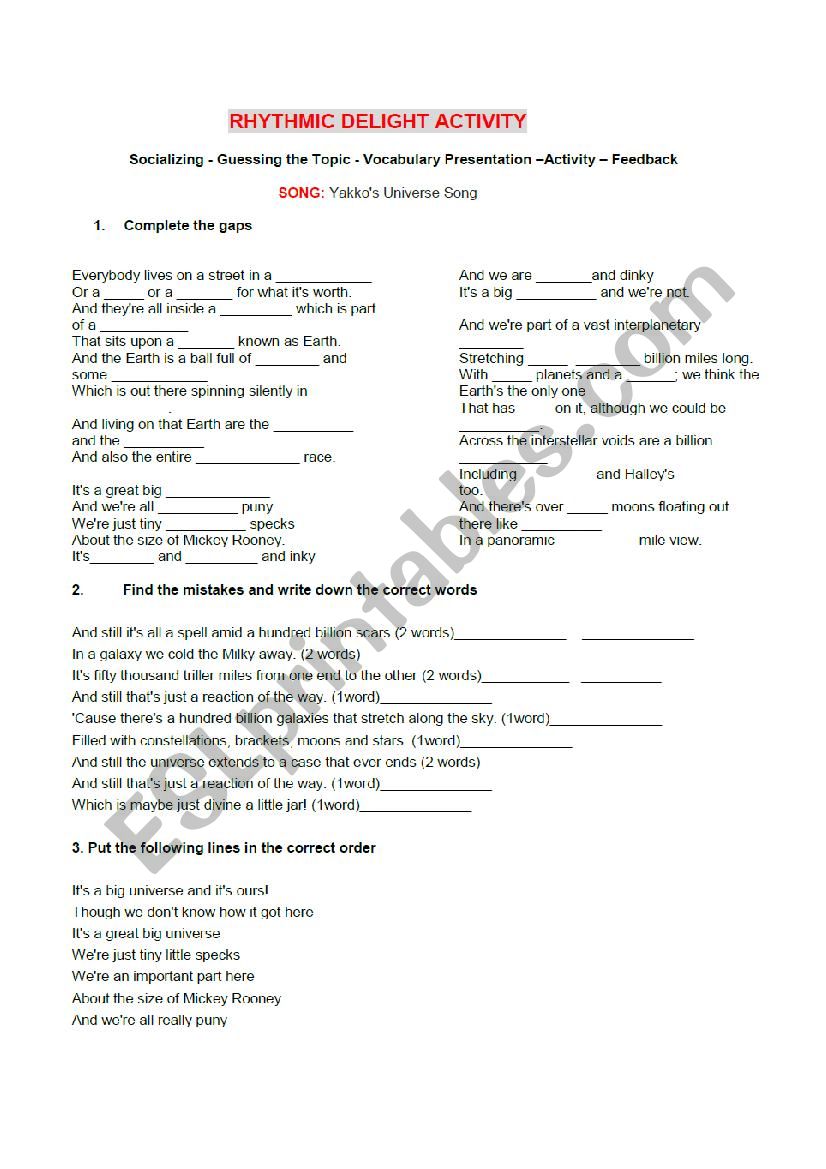 YAKKOS Universe Song worksheet