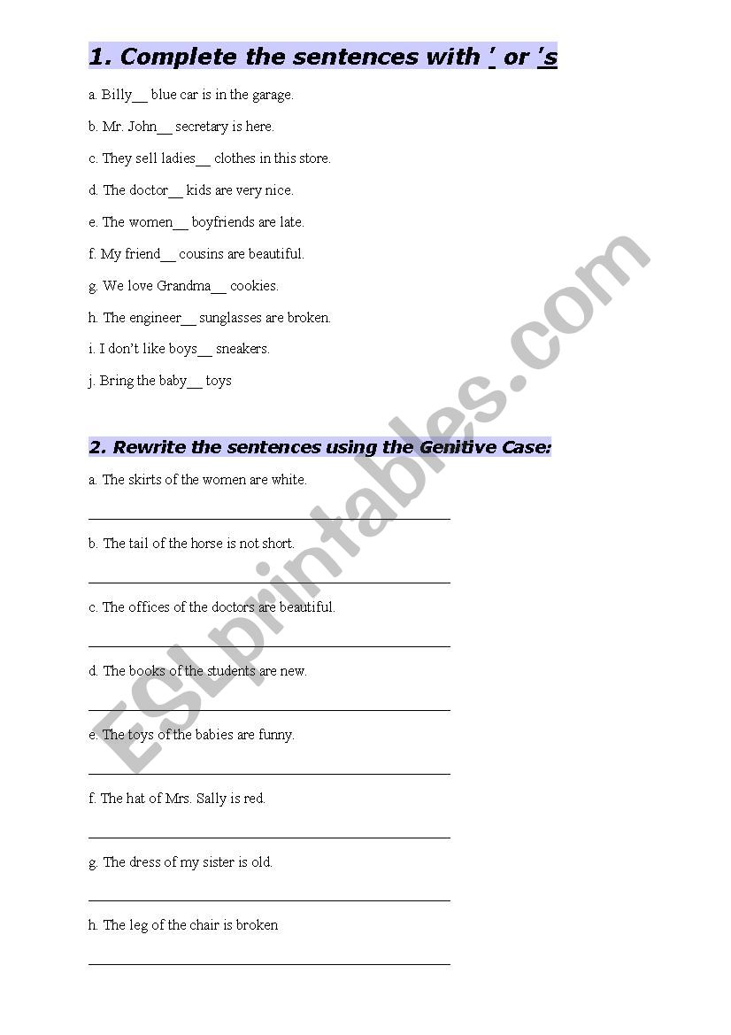 Exercises with genitive worksheet