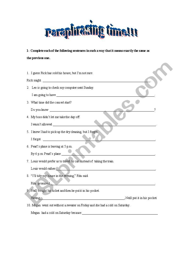 parqaaphrasing time! worksheet