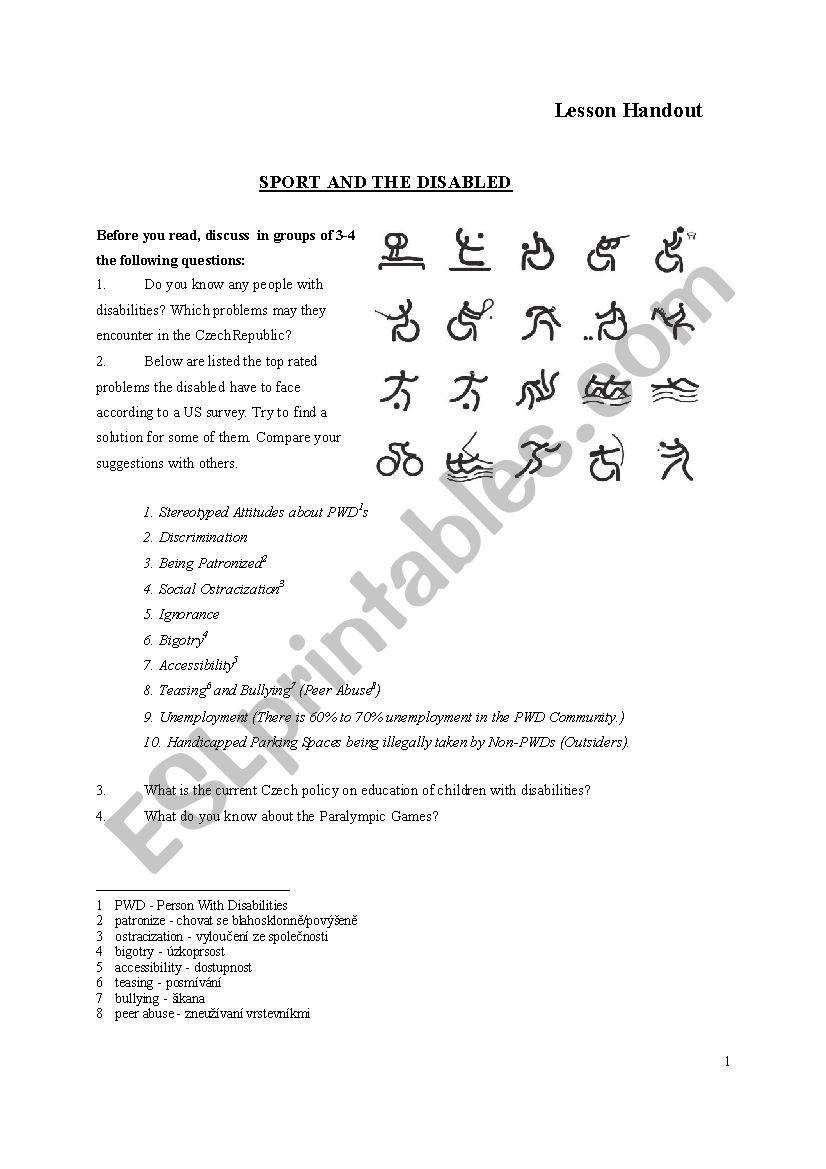 Sport and the disabled worksheet
