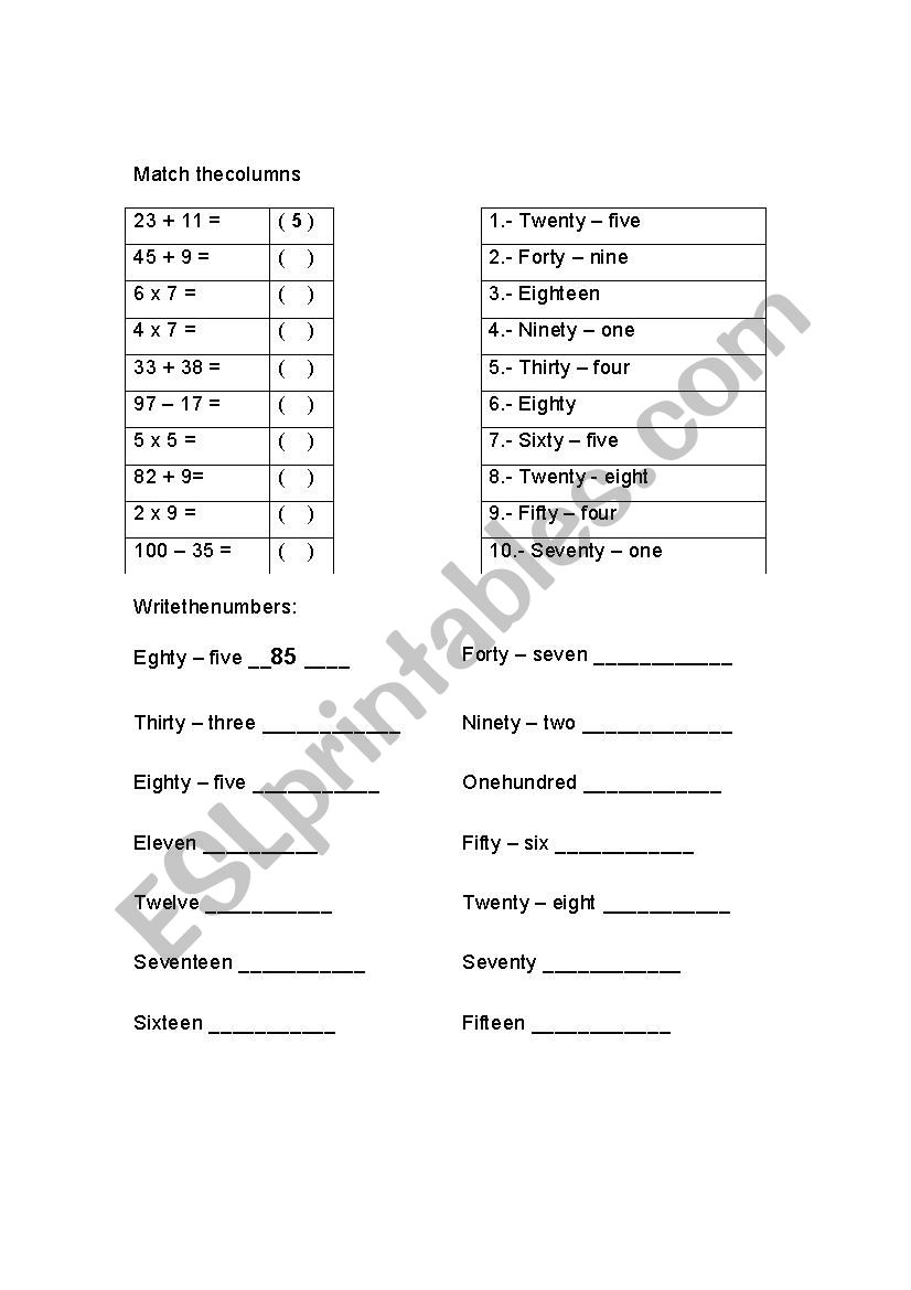 Numbers 1 to 100 worksheet