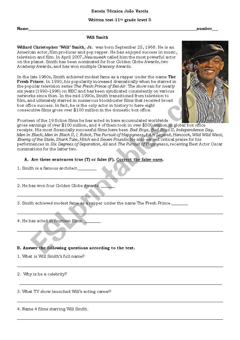 famous people (William smith) worksheet