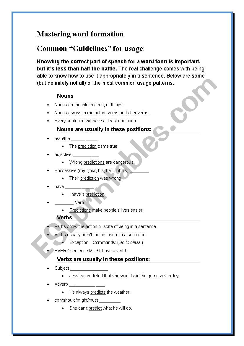 general rules to choose the correct word in a word formation activity