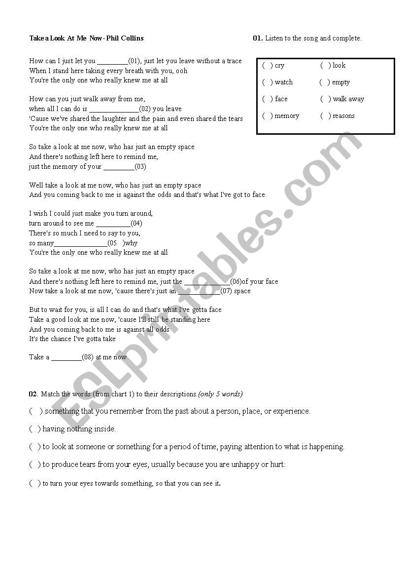 Take a look at me now worksheet