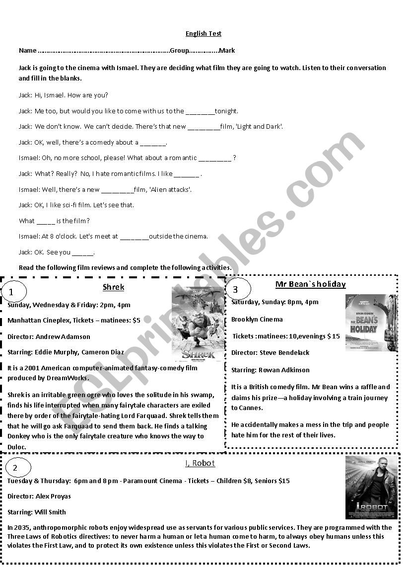 Cinema Test worksheet