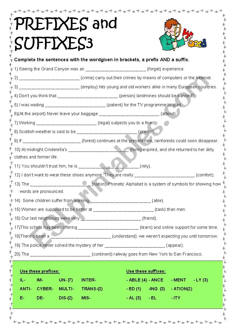 PREFIXES and SUFFIXES 3 worksheet