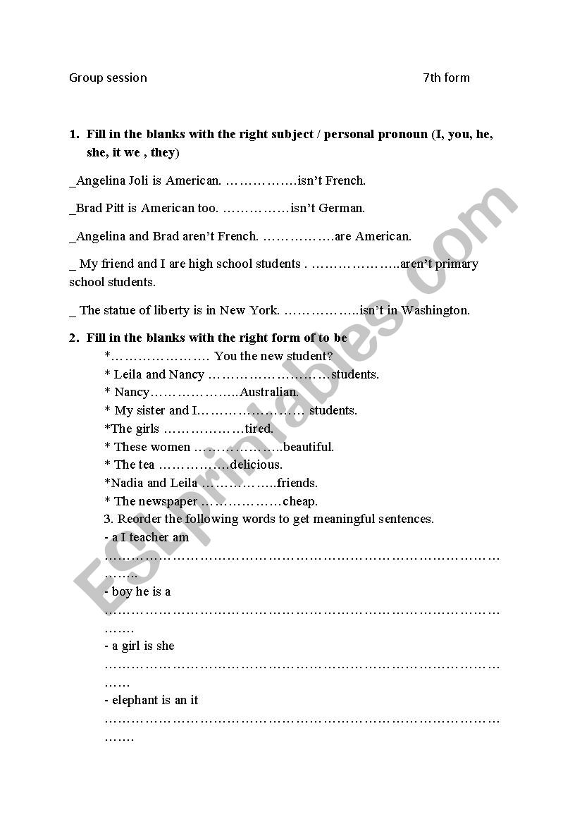 group session 7th form worksheet