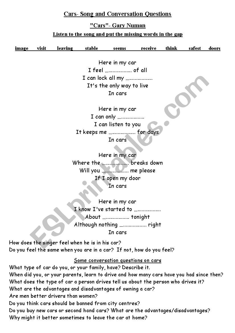 Cars- Song and Conversation Questions