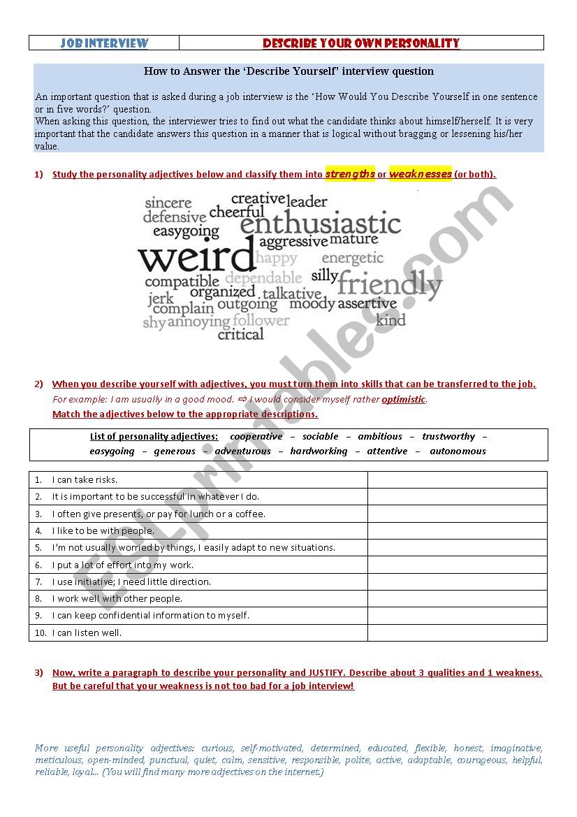 personality adjectives (in Job interview)