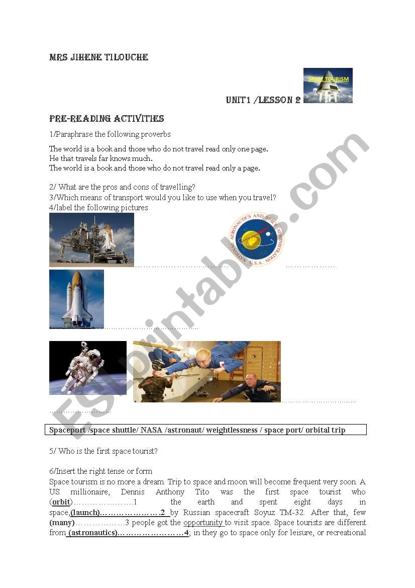 Unit 1 lesson : Space tourism ( part 1)