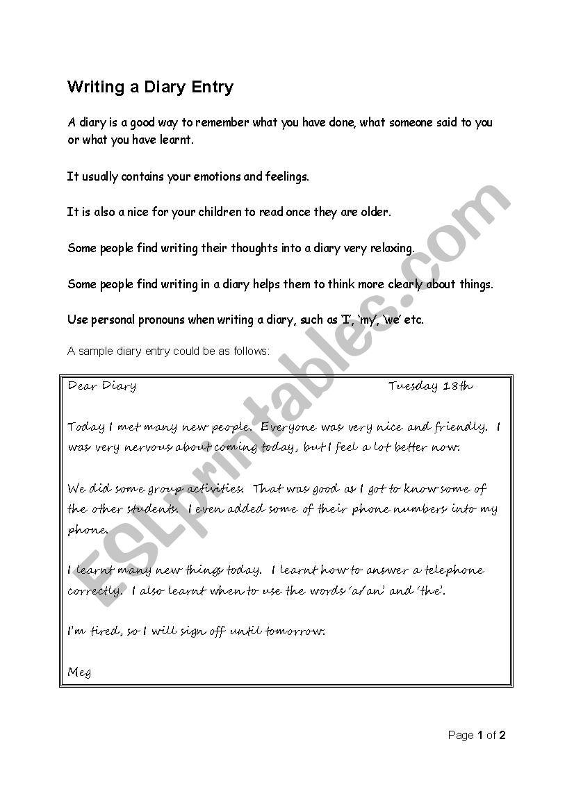 Writing a Diary Entry worksheet