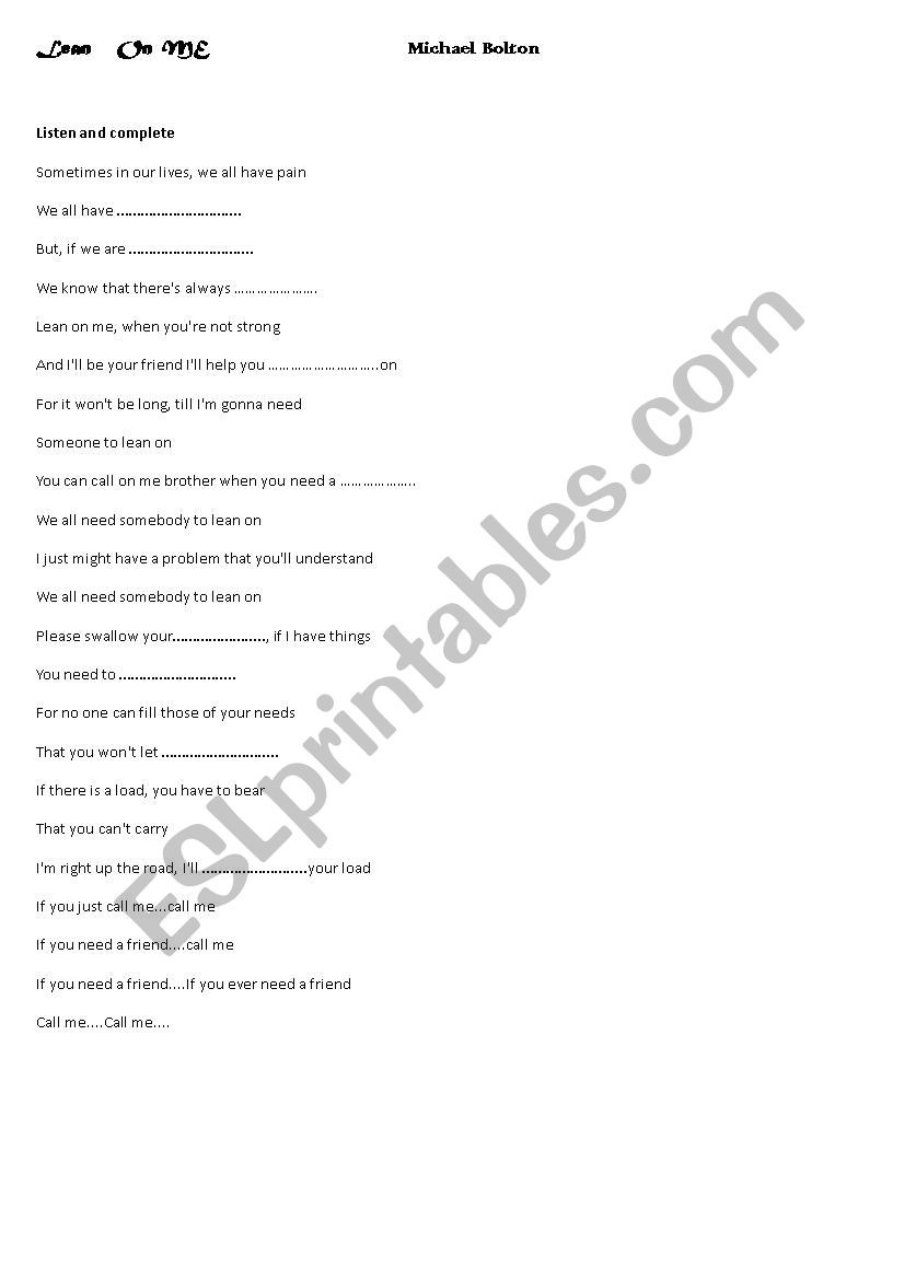 lean on me worksheet