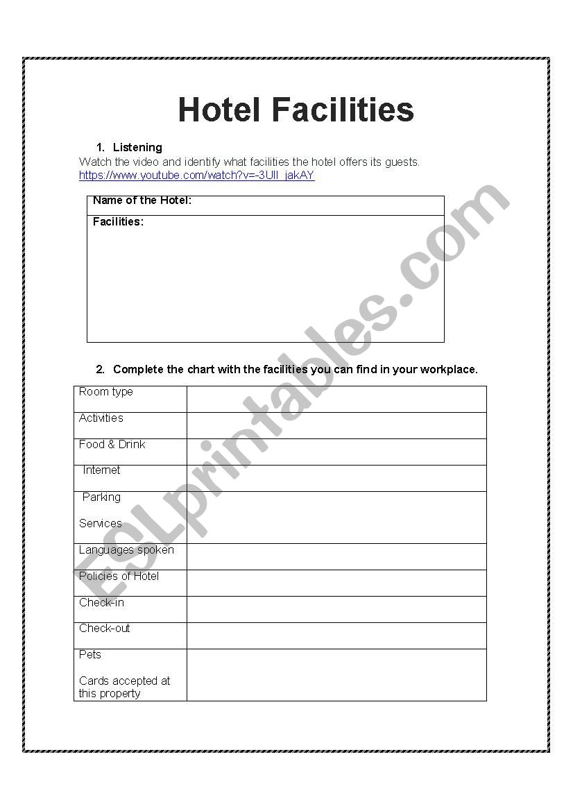 Hotel Facilities.  worksheet