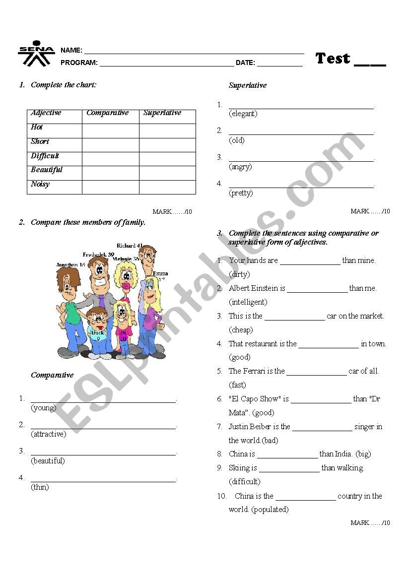 Test: Comparatives, Superlatives, Can, Object pronouns. 