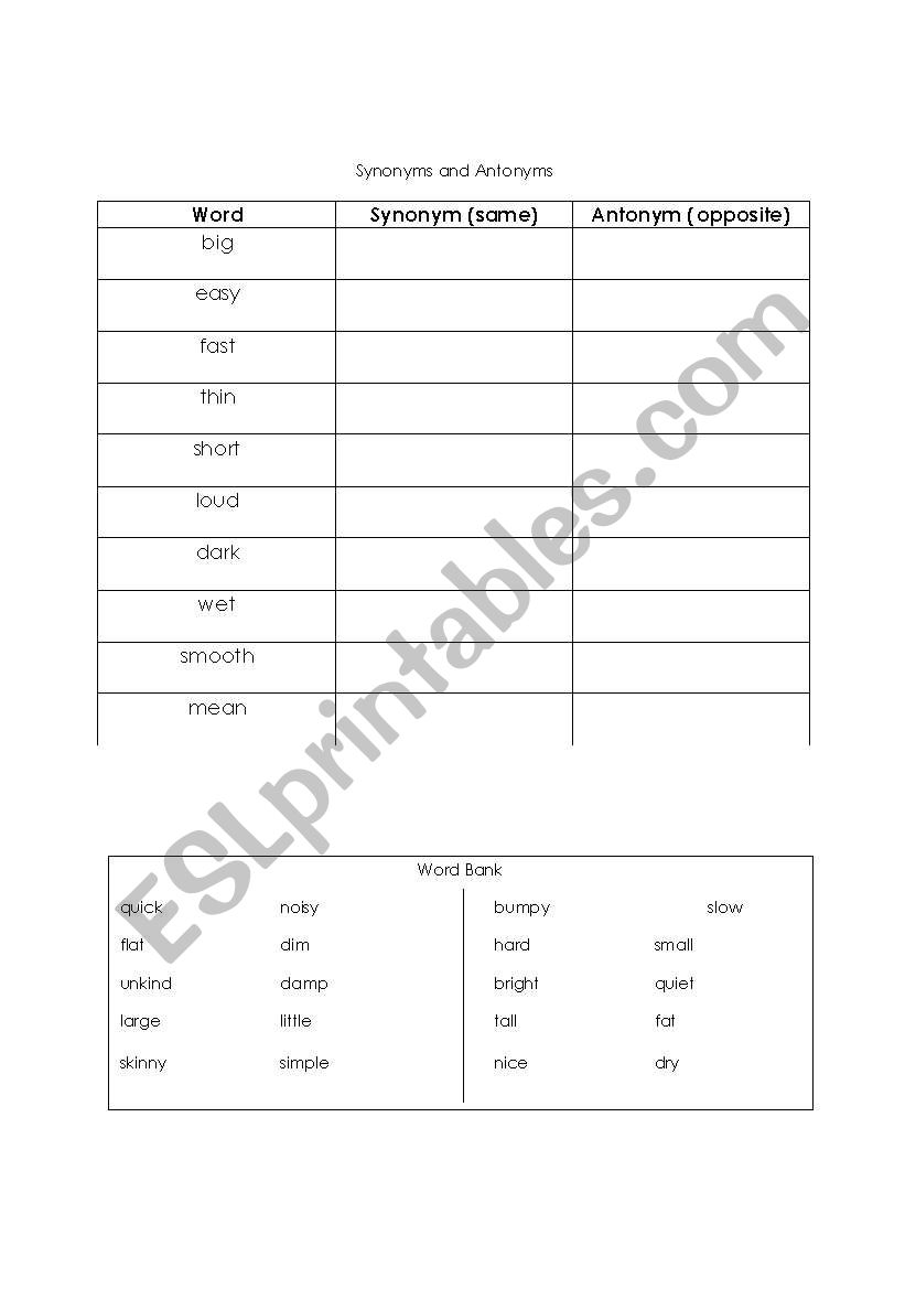 Synonyms and Antonyms worksheet