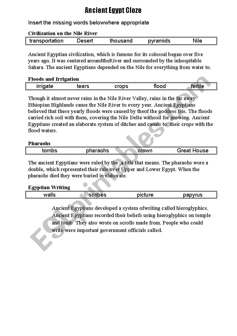 Ancient Egypt missing words worksheet