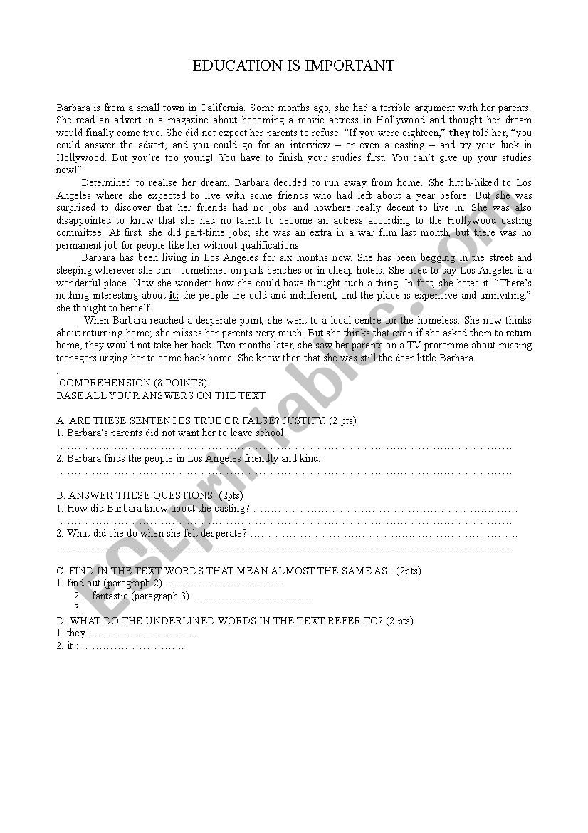 Education is Important worksheet
