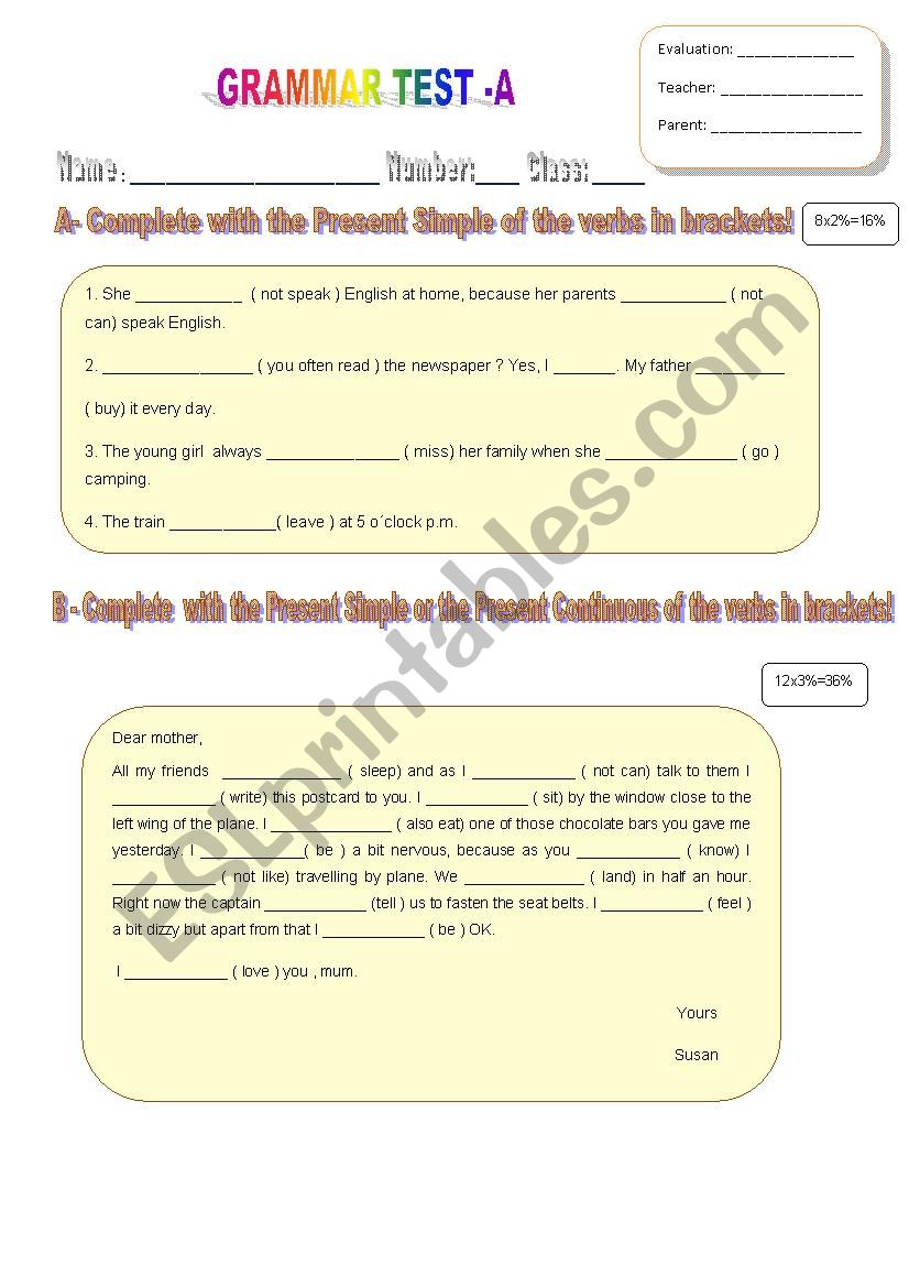 Grammar Test - Version A worksheet