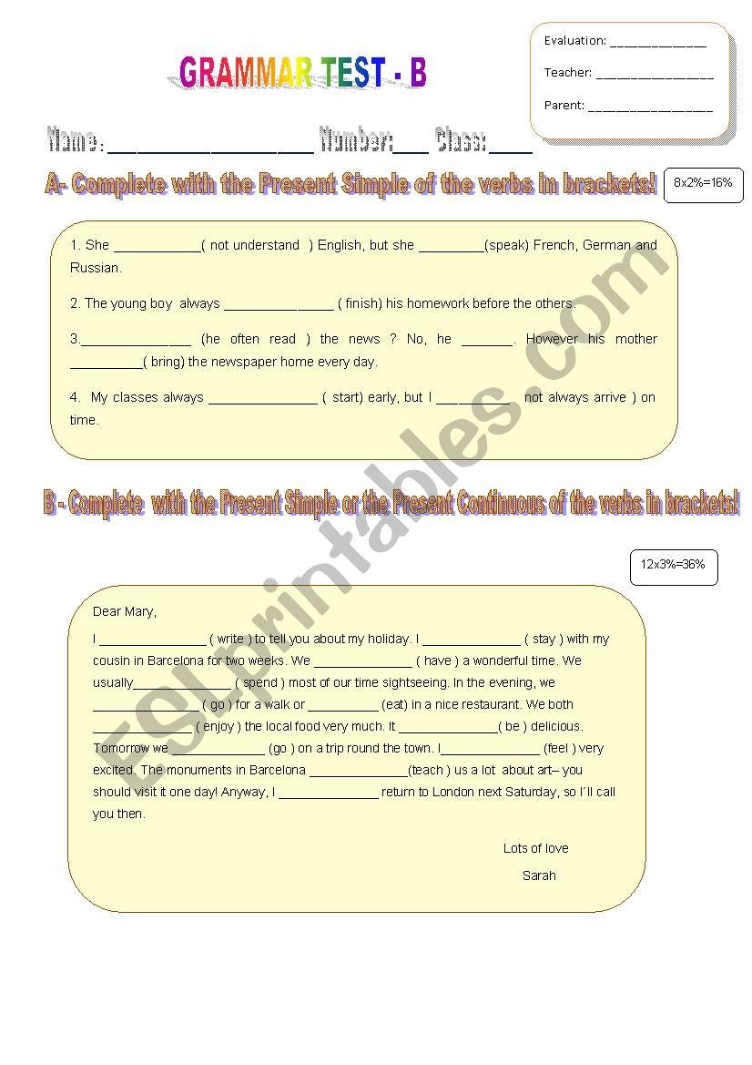 Grammar Test - Version B worksheet