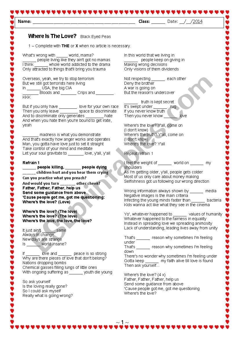 Where is the love - song worksheet